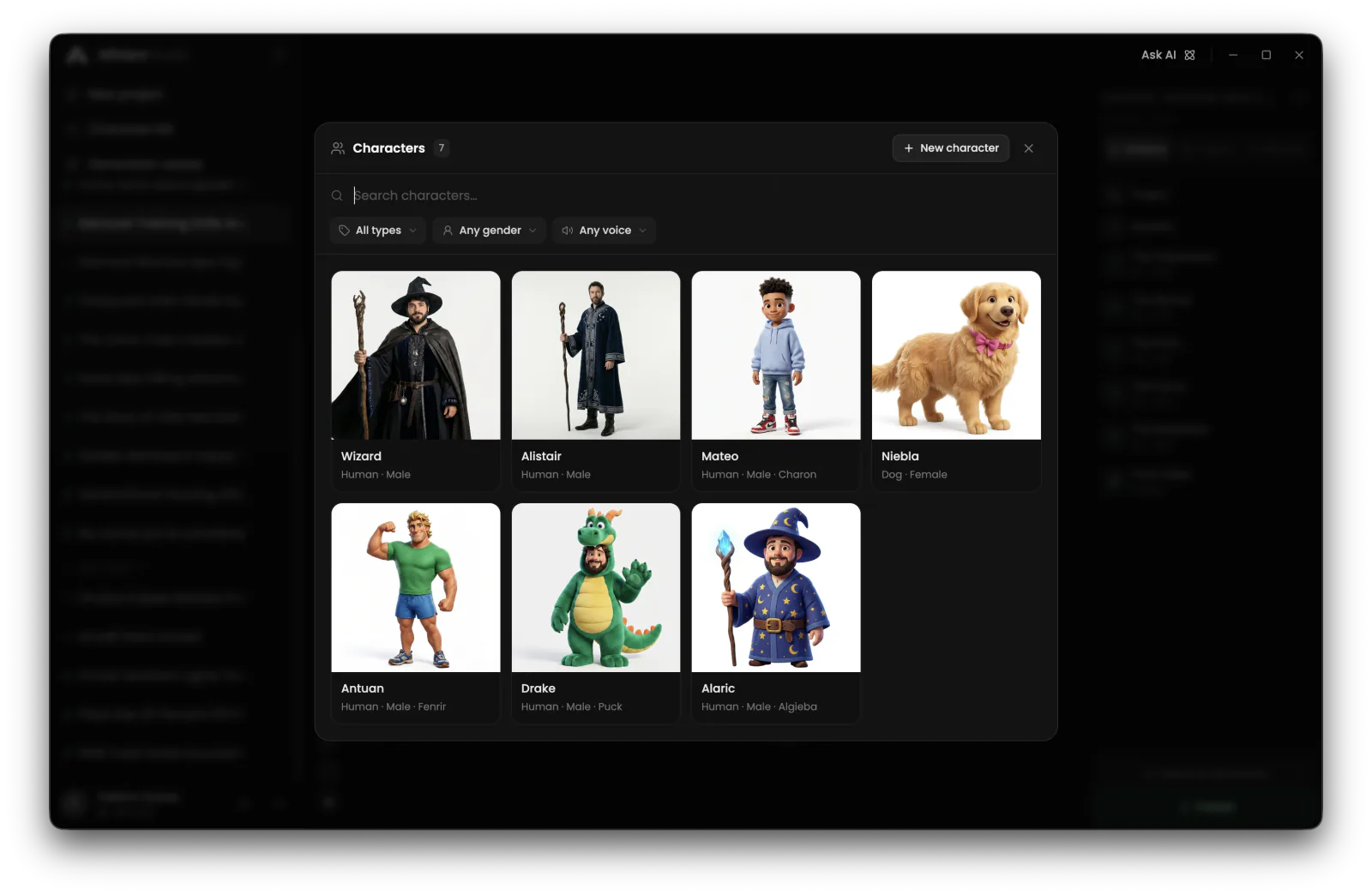 character library search, filters, reusable characters, and voice previews