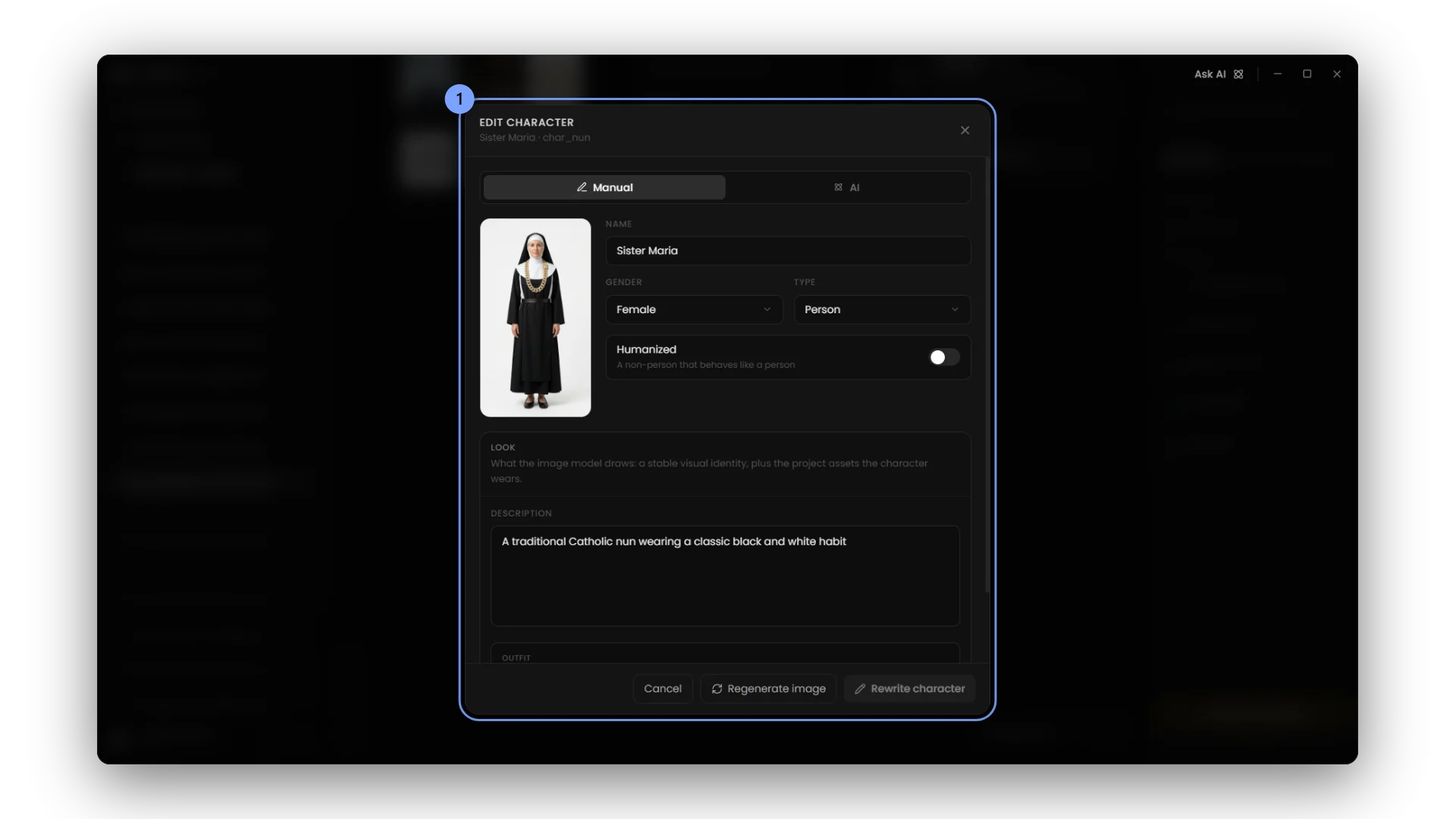 The Manual and AI tabs of the character editor.