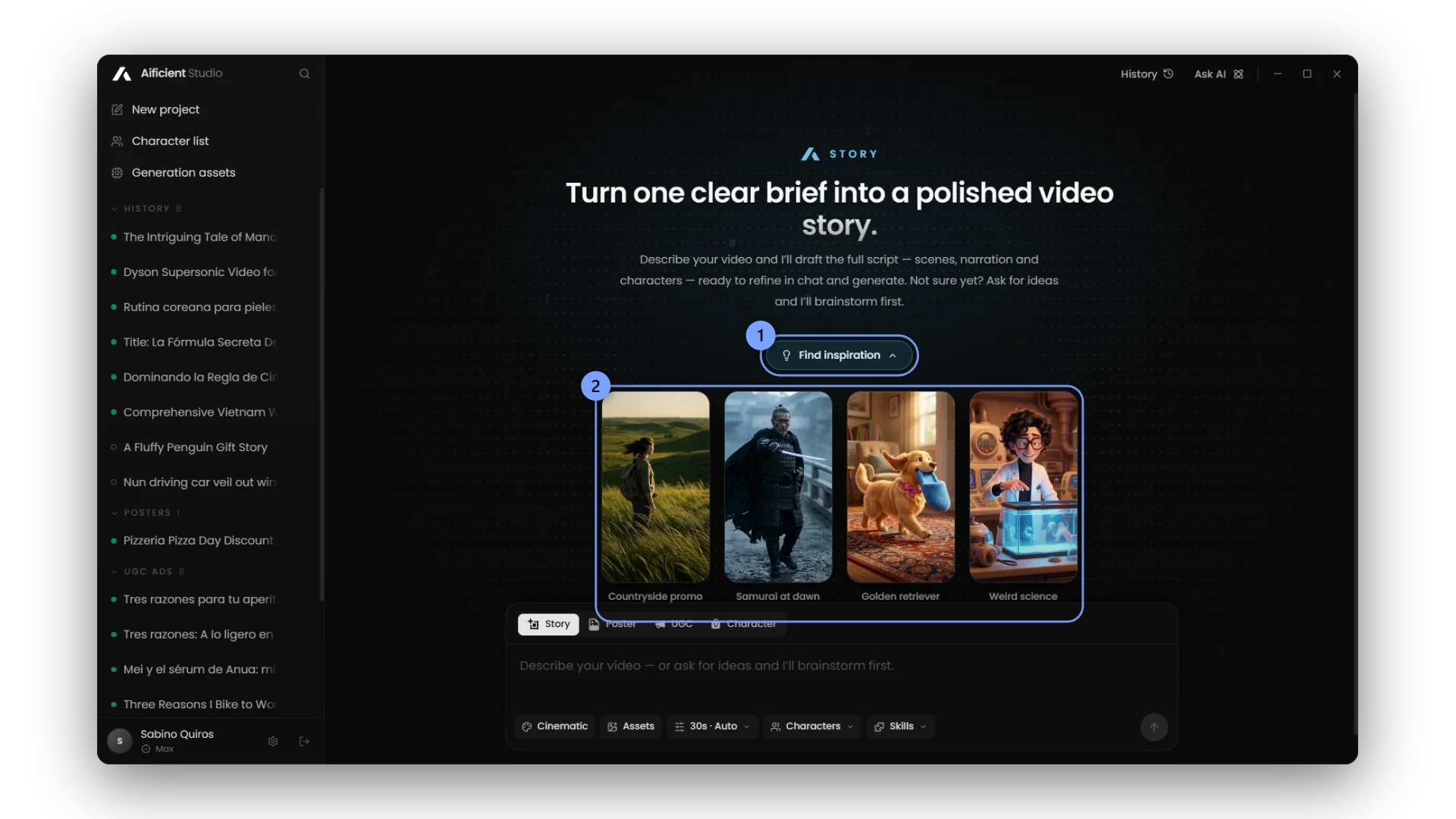 Real generated videos; pick one to drop its brief and style into the composer.