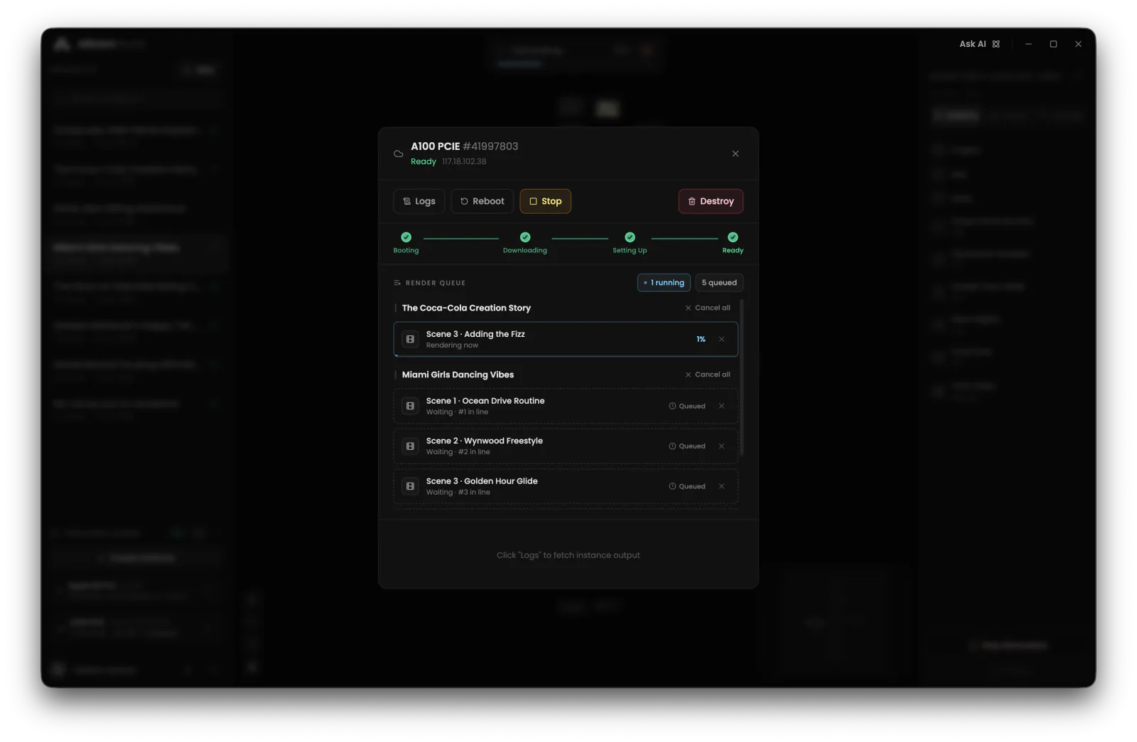 local and rented GPU queues with render progress