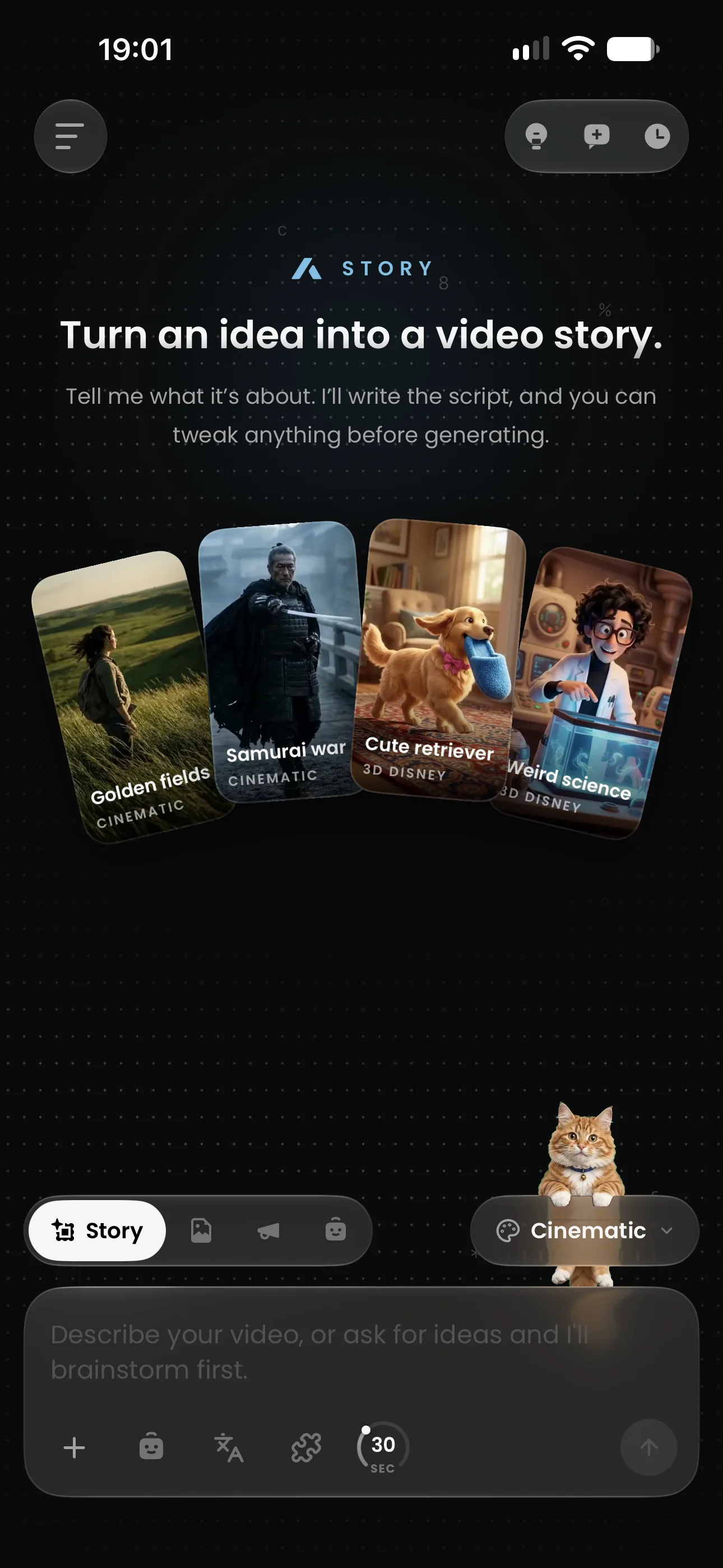 The Aificient iPhone app's create screen: the Story hero, example styles and the composer.