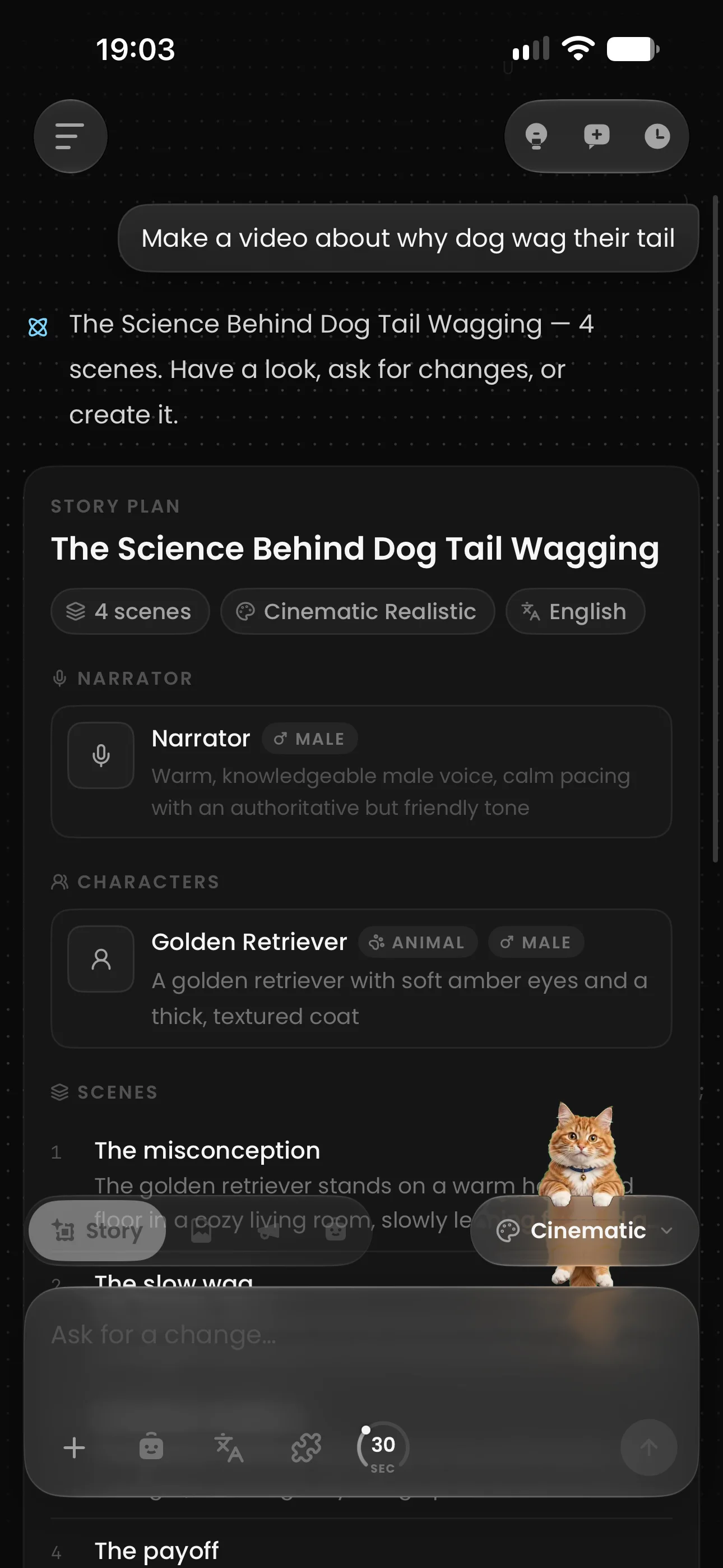 A story plan card in the iPhone chat: scenes, style, language, narrator and characters.