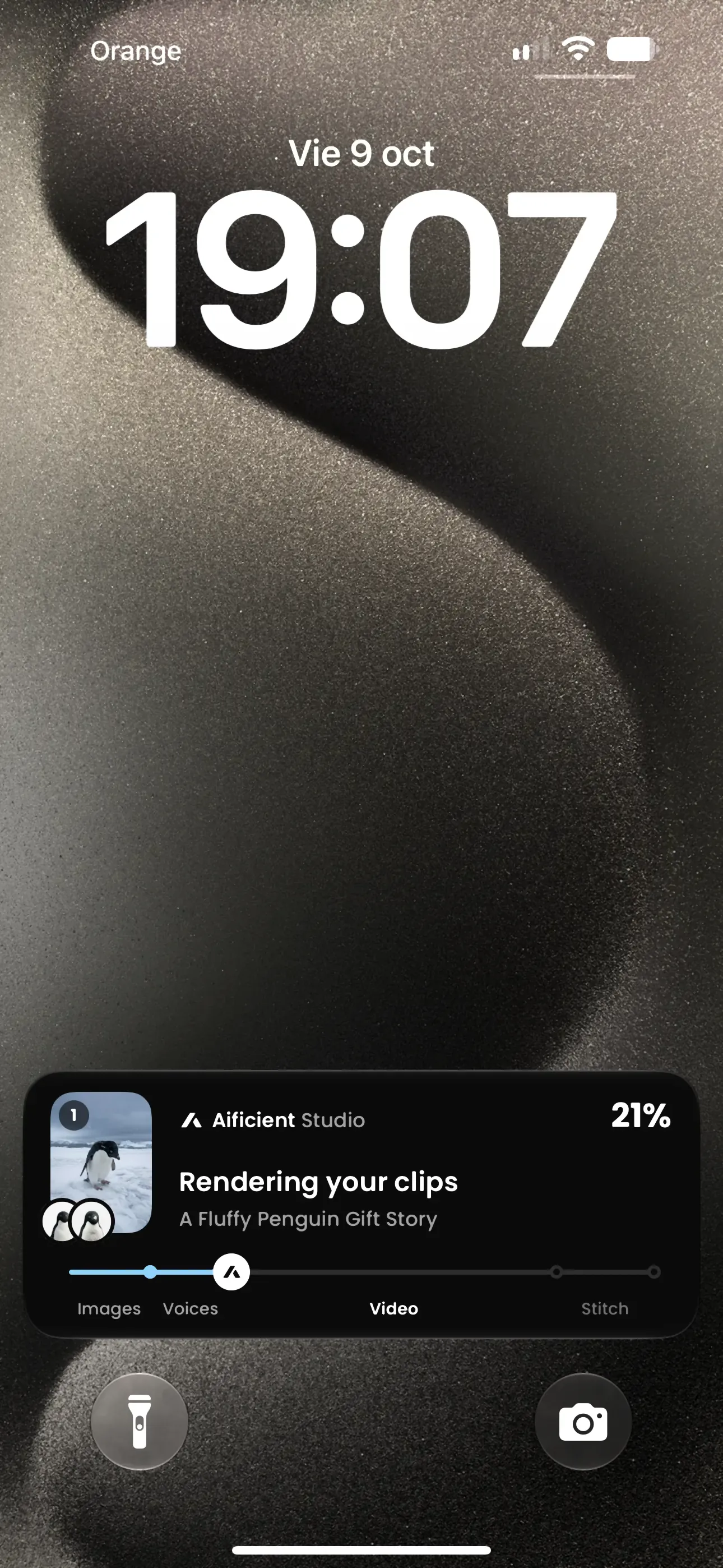 An Aificient render's Live Activity on the iPhone lock screen, with progress through images, voices, video and stitch.