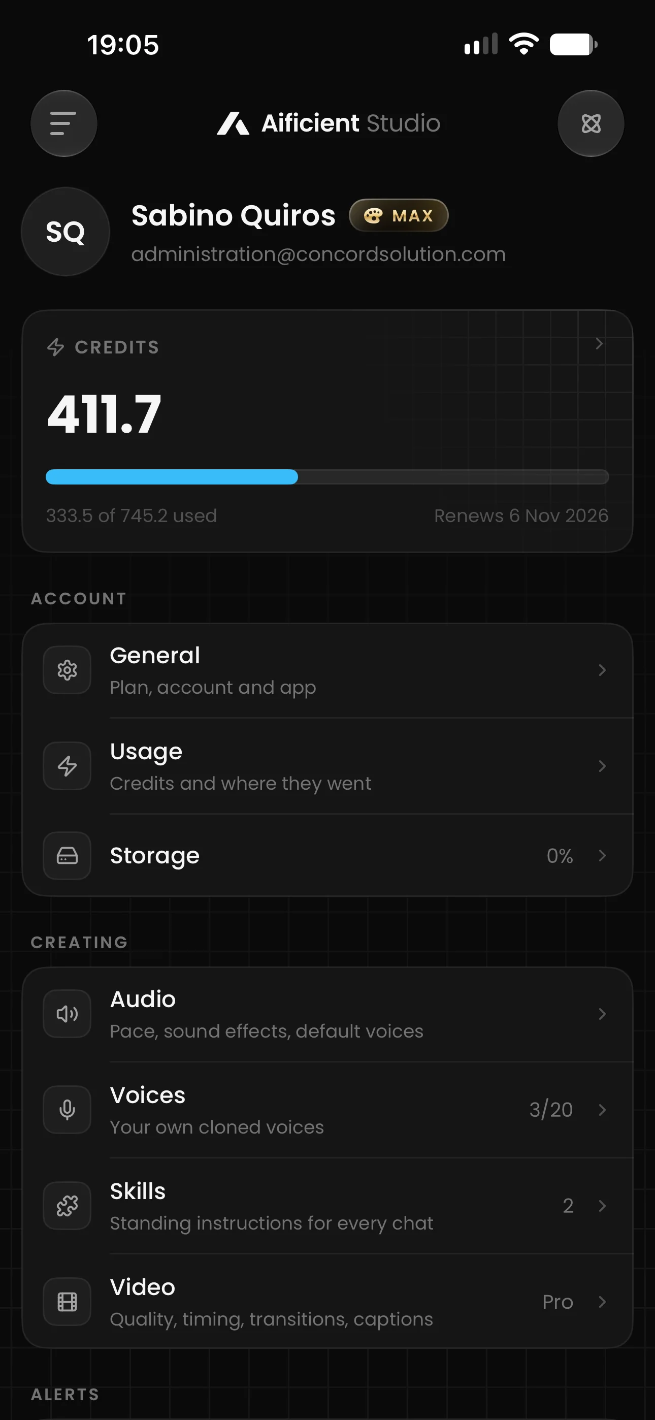 Your credits, then the Account and Creating groups.