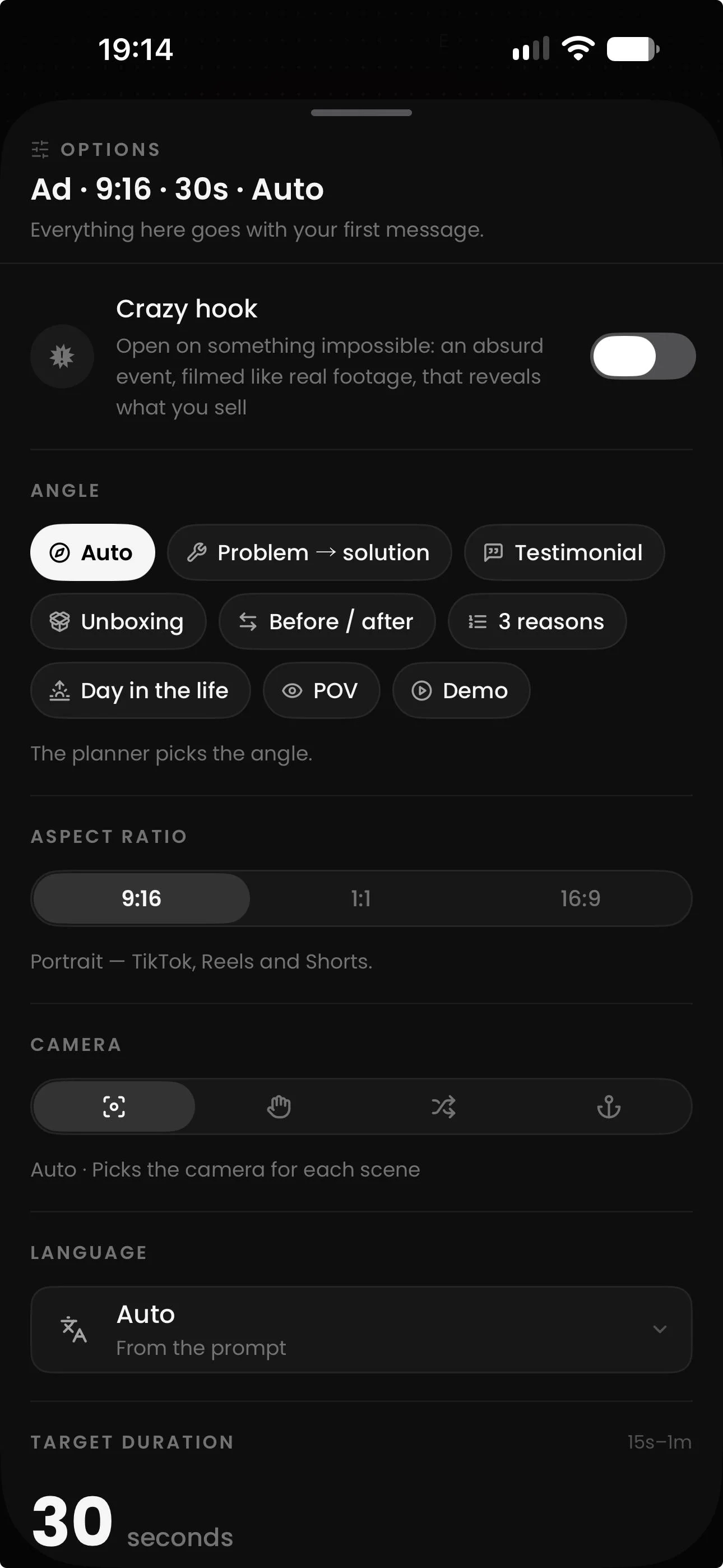 The UGC Options sheet on iPhone: Crazy hook, angle, aspect ratio, camera, language and target duration.