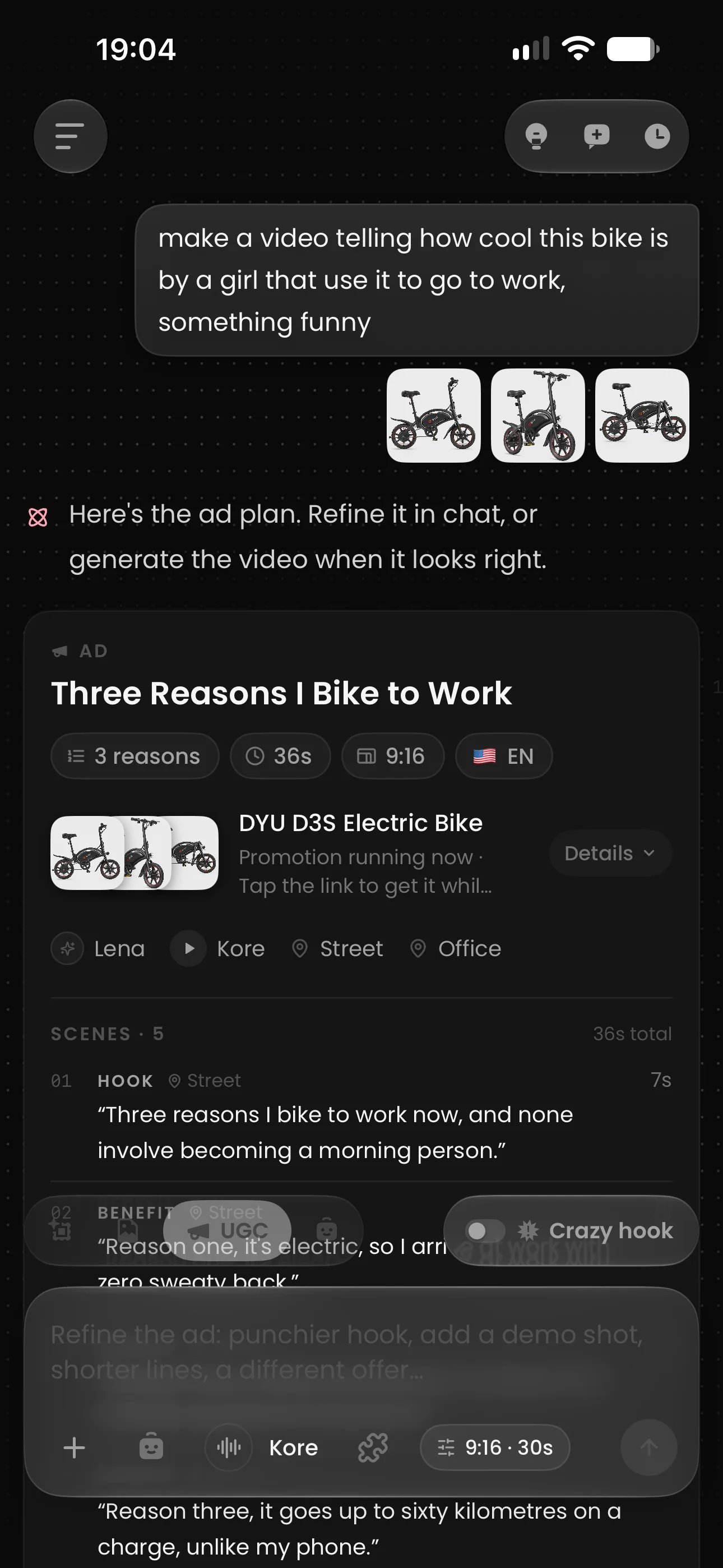 A UGC ad plan in the iPhone chat: product photos, creator, voice, locations and the scene-by-scene script.