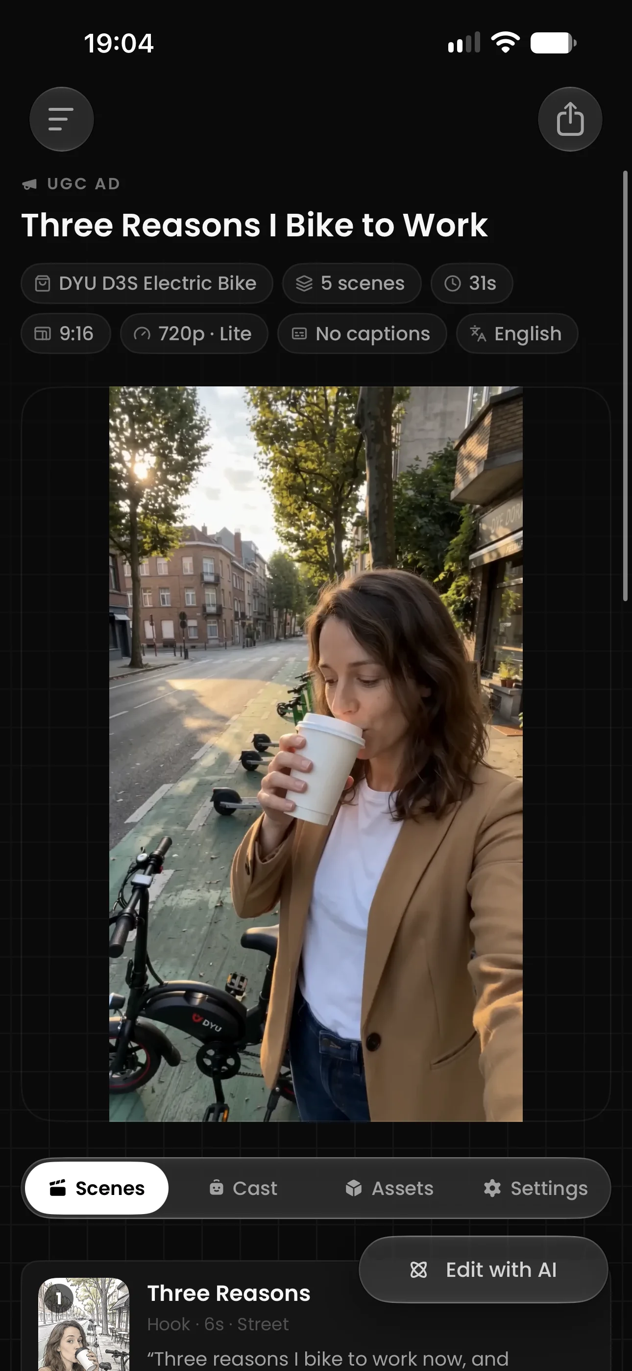 A UGC ad project on iPhone with its final video and the Scenes, Cast, Assets and Settings tabs.
