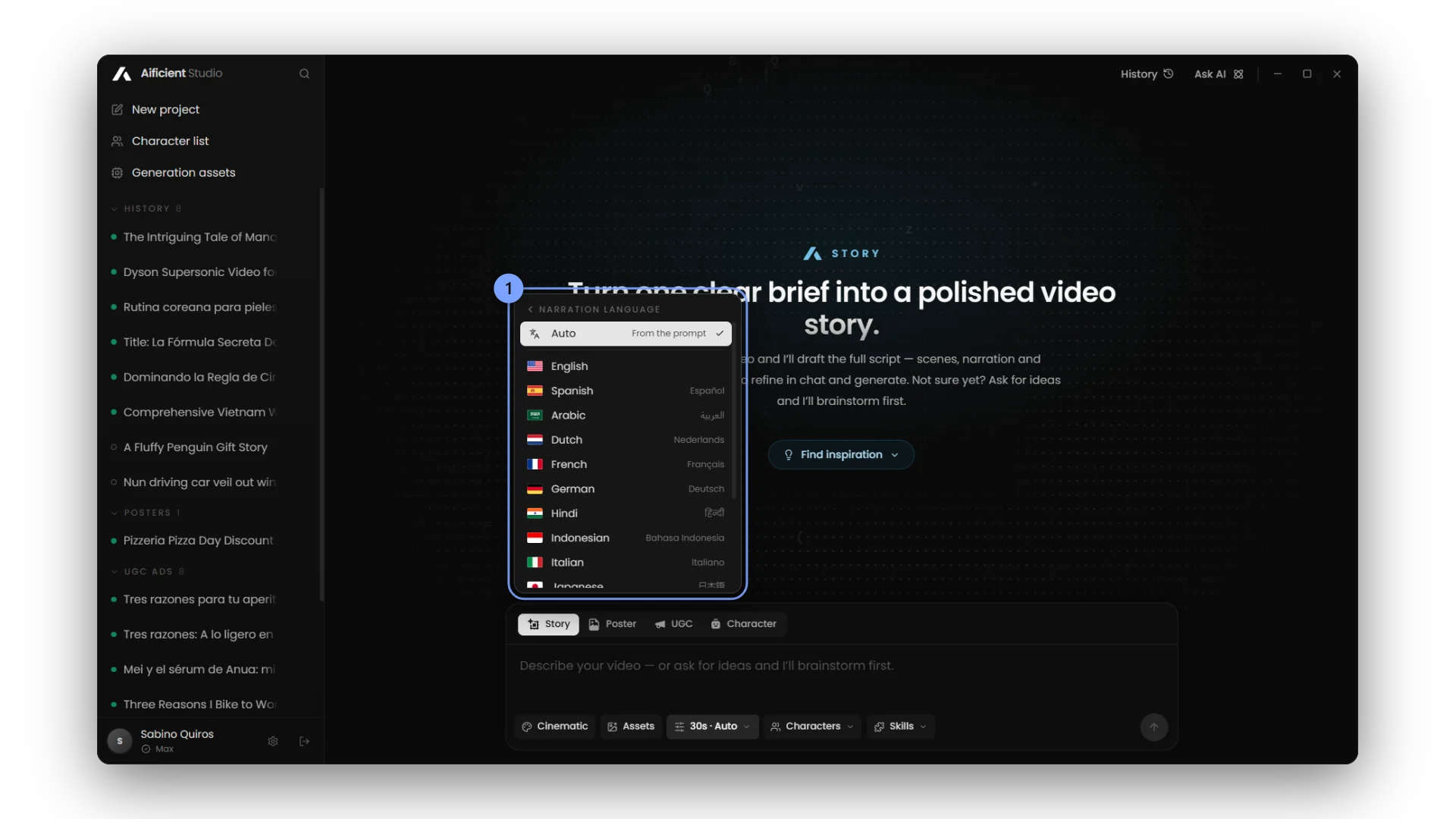 Auto, then the fifteen narration languages.