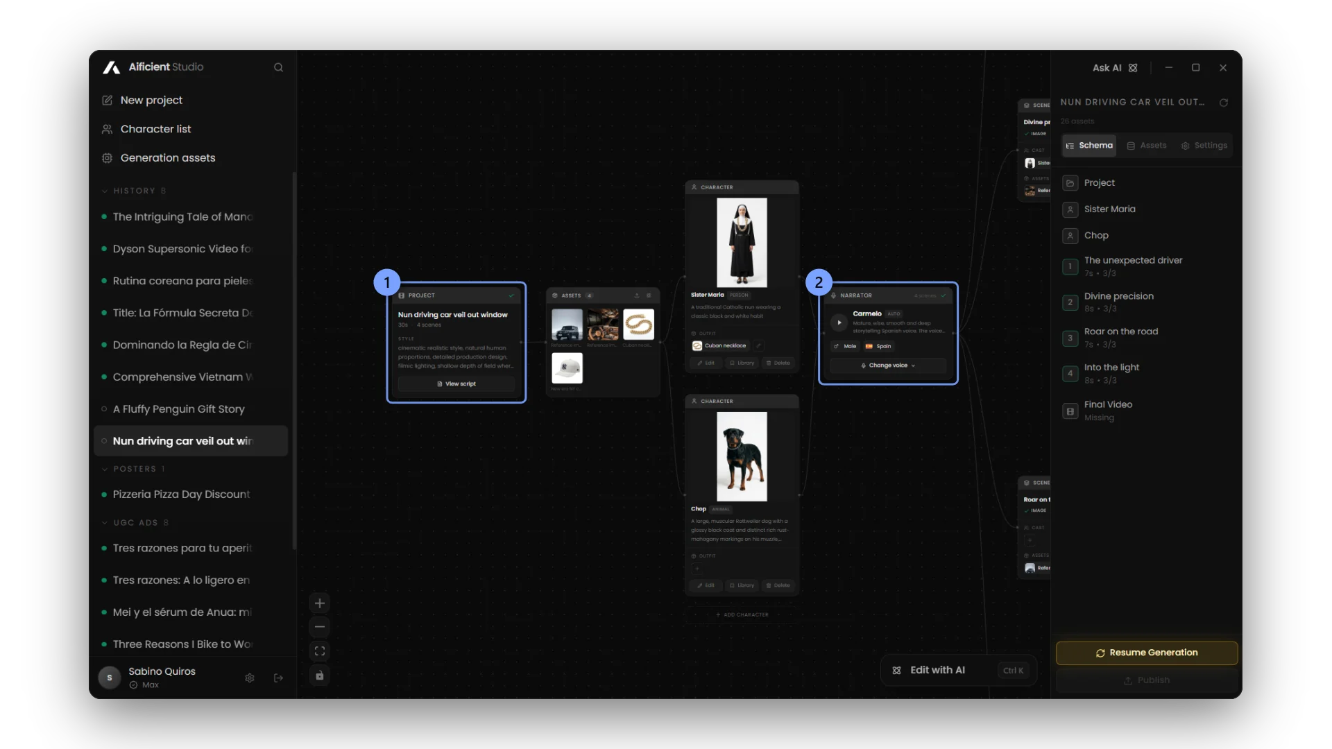 The project card with View script, and the narrator's voice with Change voice.