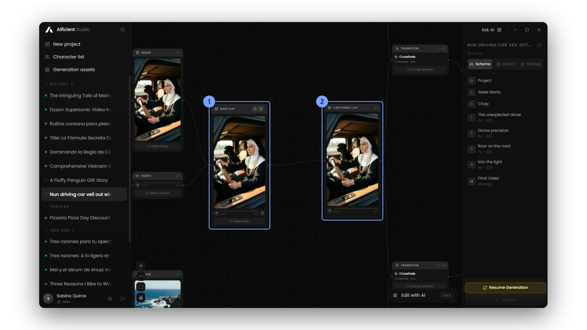 A scene's raw clip and its captioned clip.