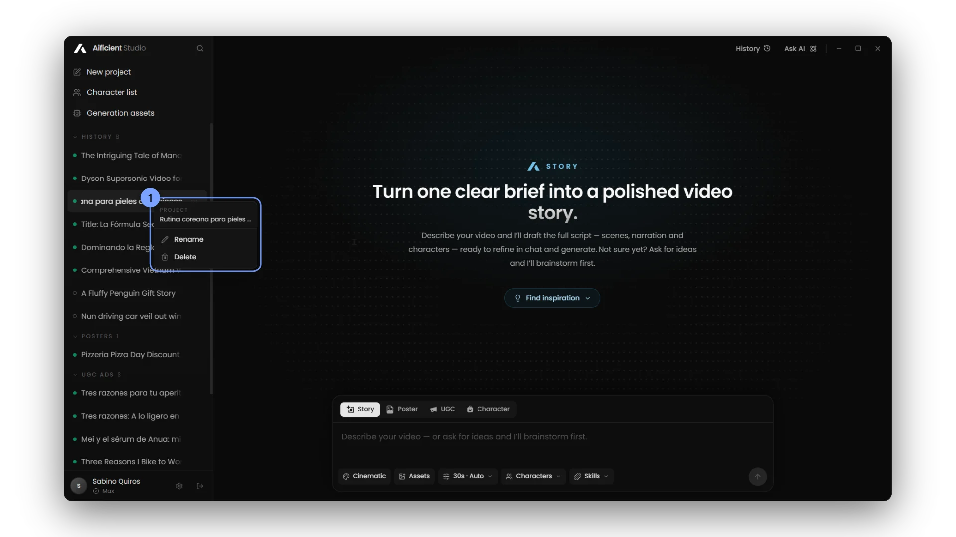 Right-click a project for Rename and Delete.
