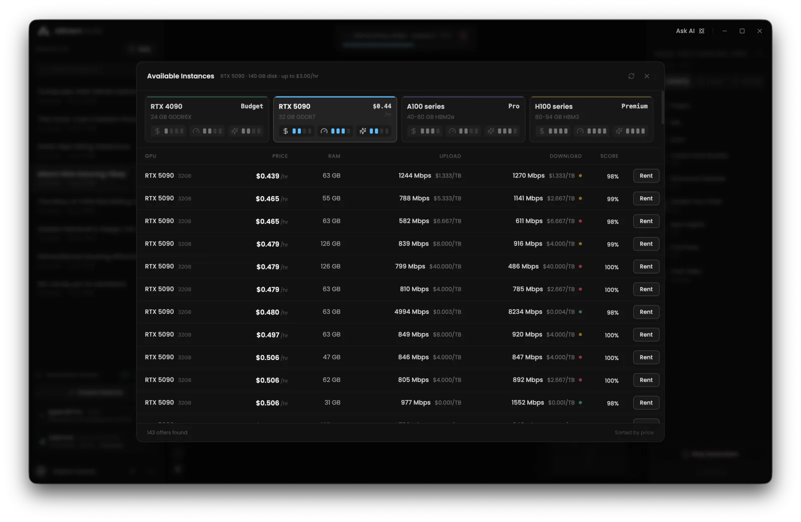 rented GPU offers with download quality and launch controls