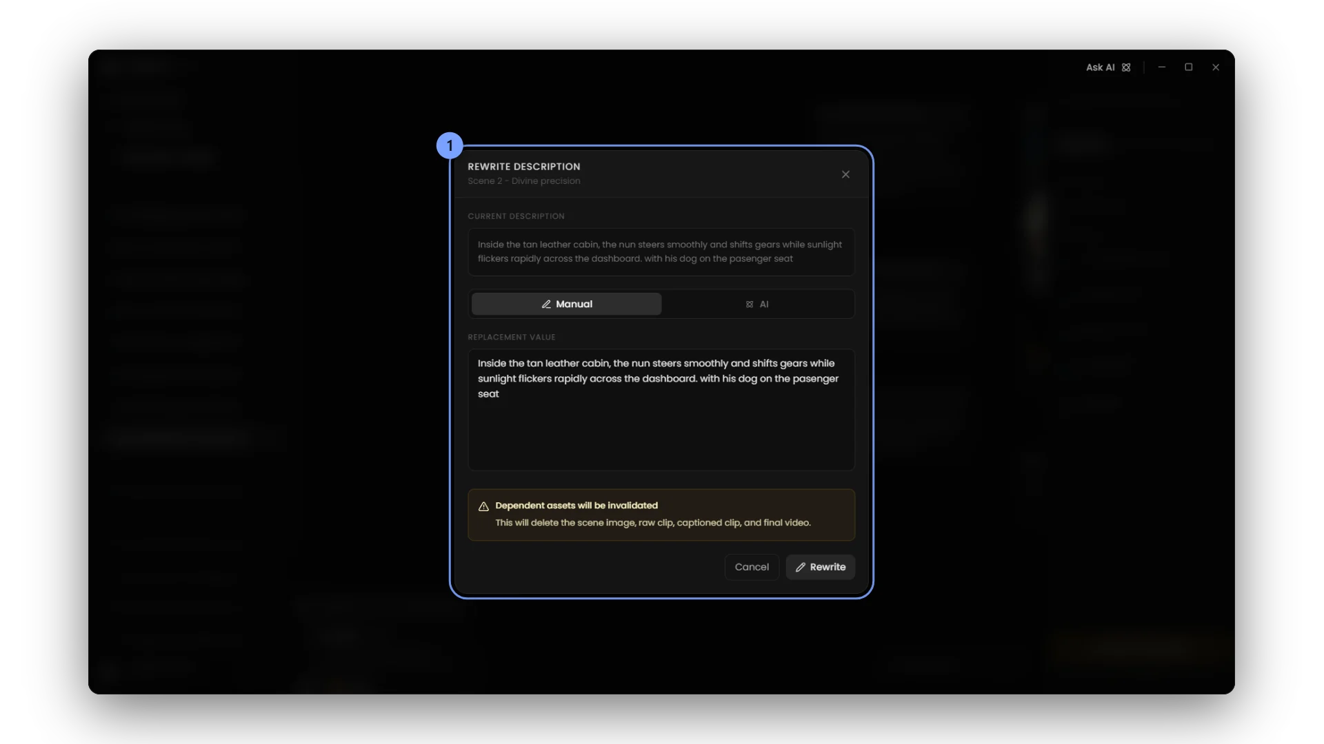 Edit a scene's text by hand, or describe the change and let the AI rewrite it.