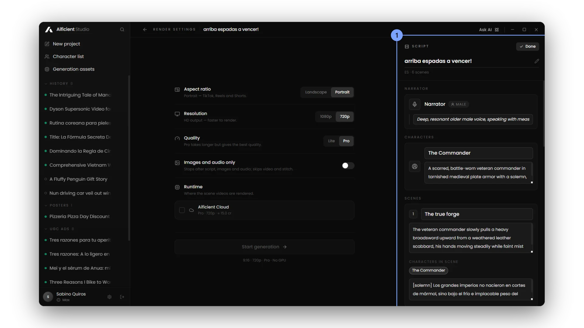 The render-settings screen with the Script panel in Edit mode.