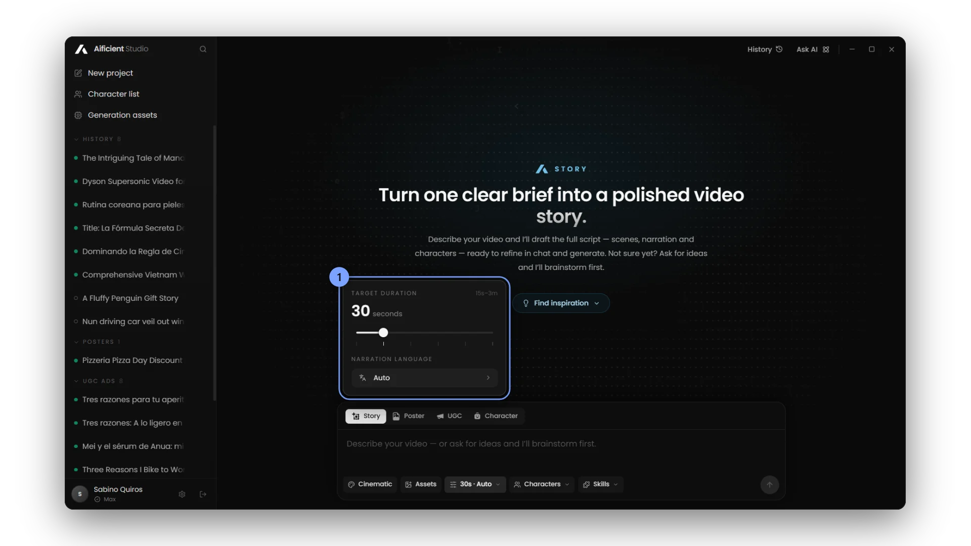 Format, target duration and narration language in one panel.