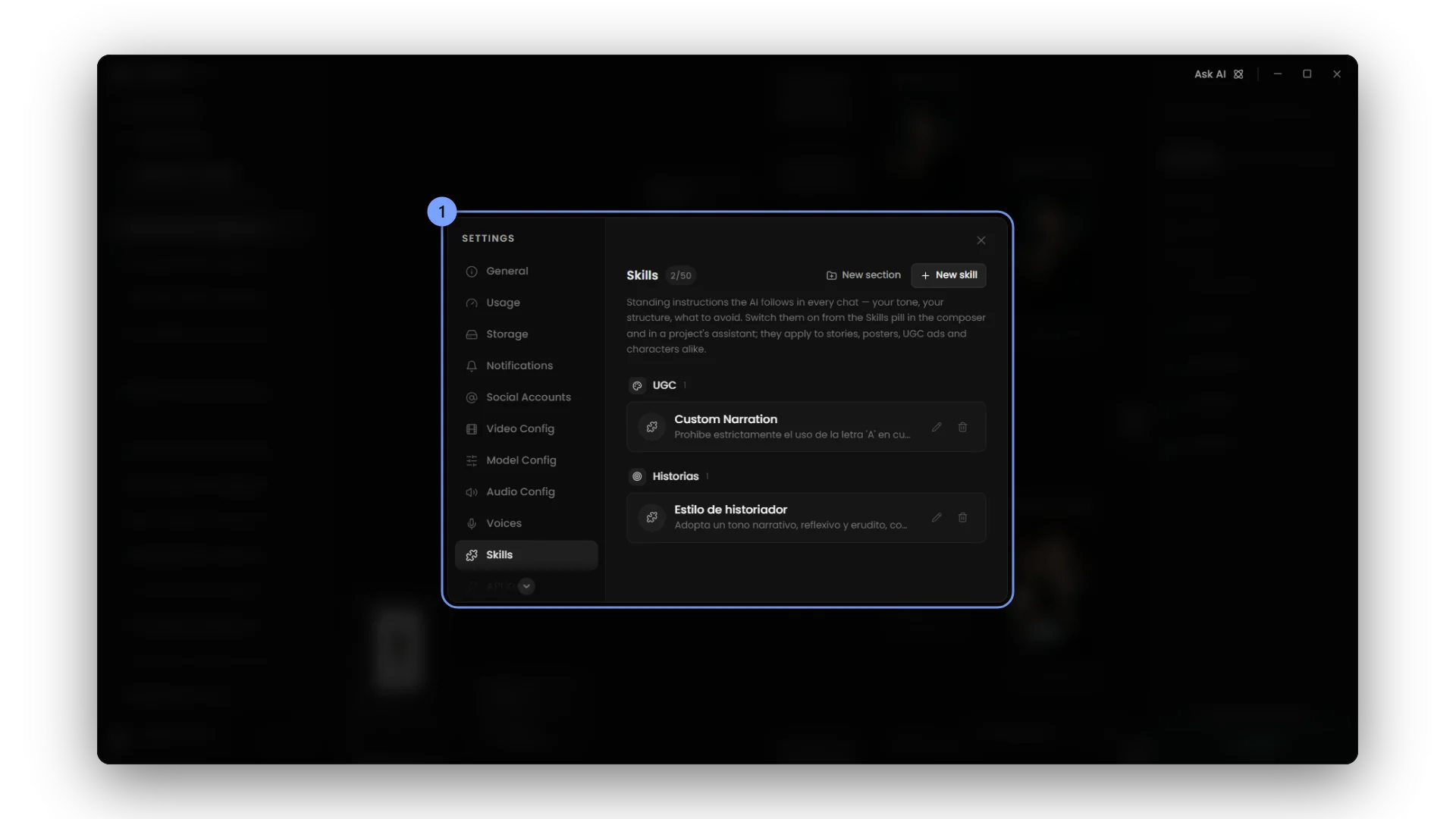 Settings > Skills: standing instructions grouped into sections.