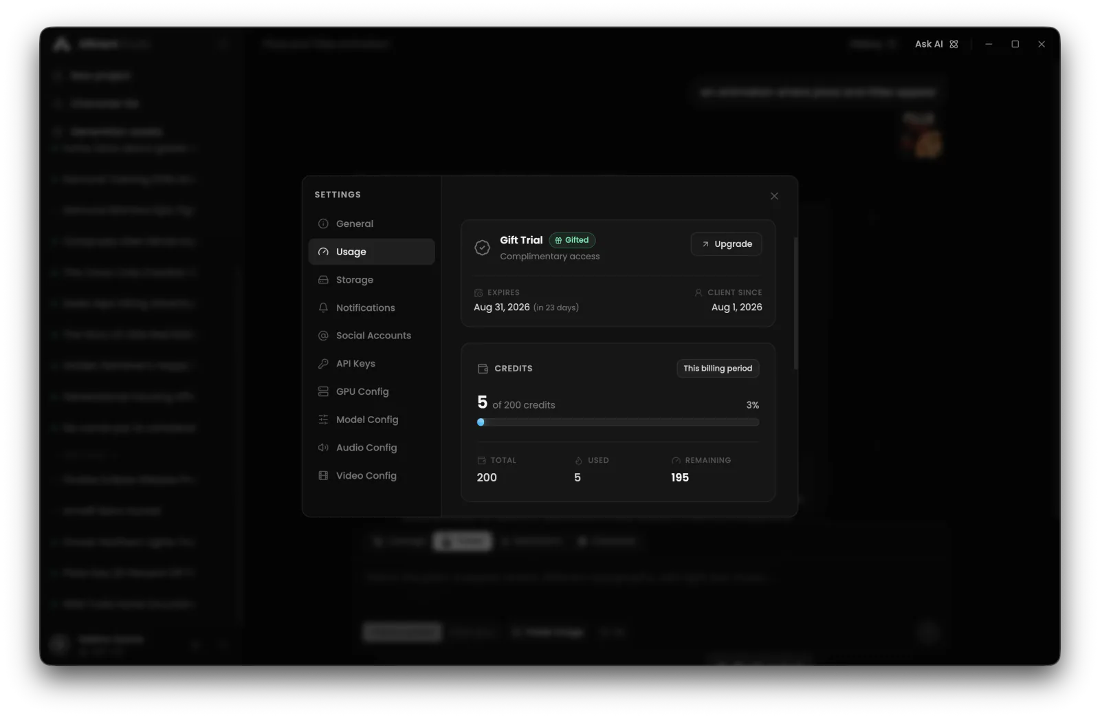 Settings Usage tab with credits and cloud generation job history