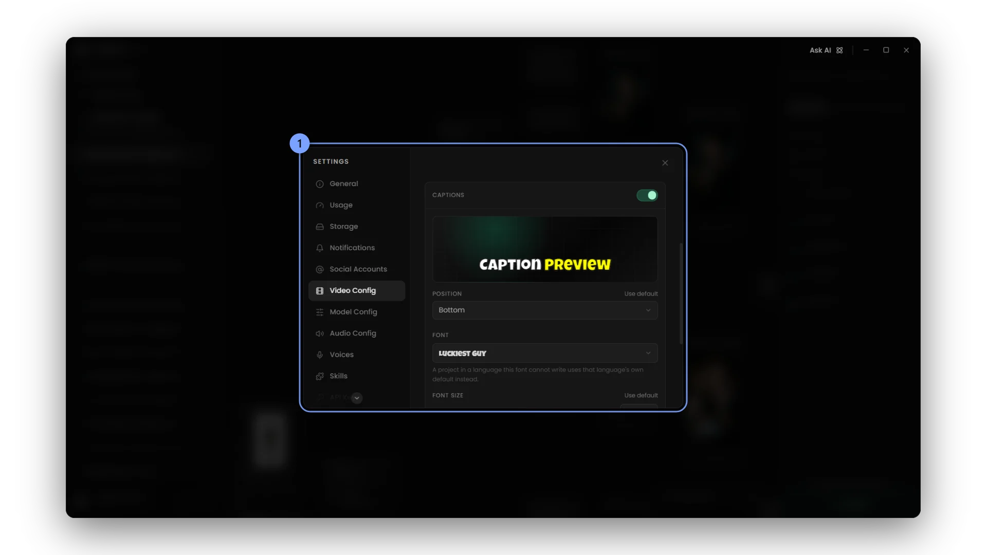 Voice timing, transition length and caption defaults, with a live preview.