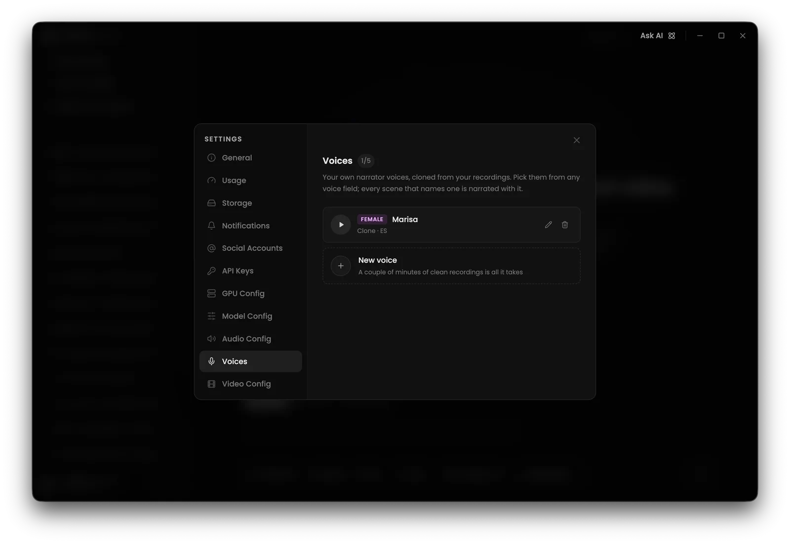 Settings Voices tab with cloned narrator voices, previews, and the create tile