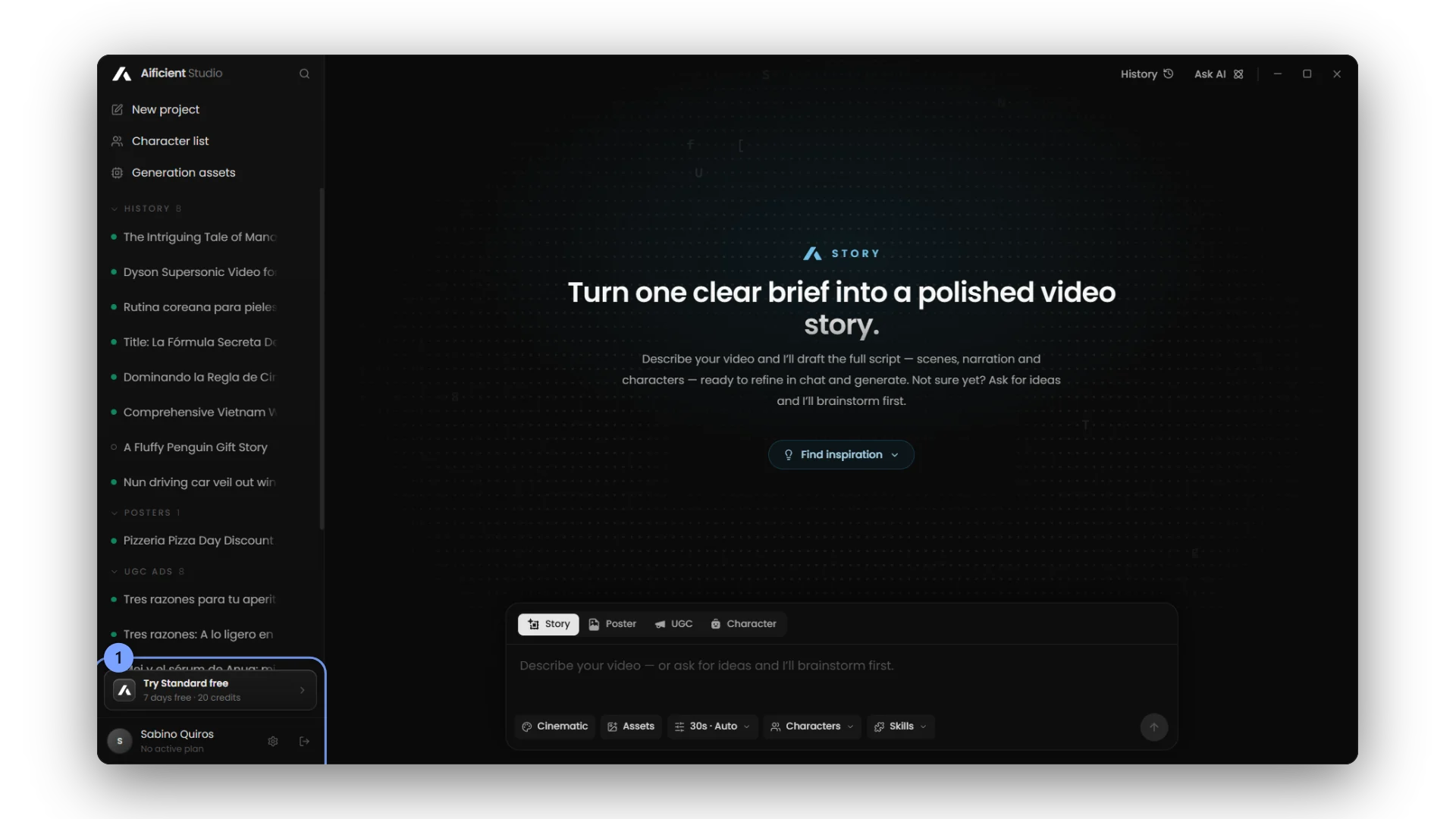 The card above your profile row: daily credits, the free trial, or the desktop app.