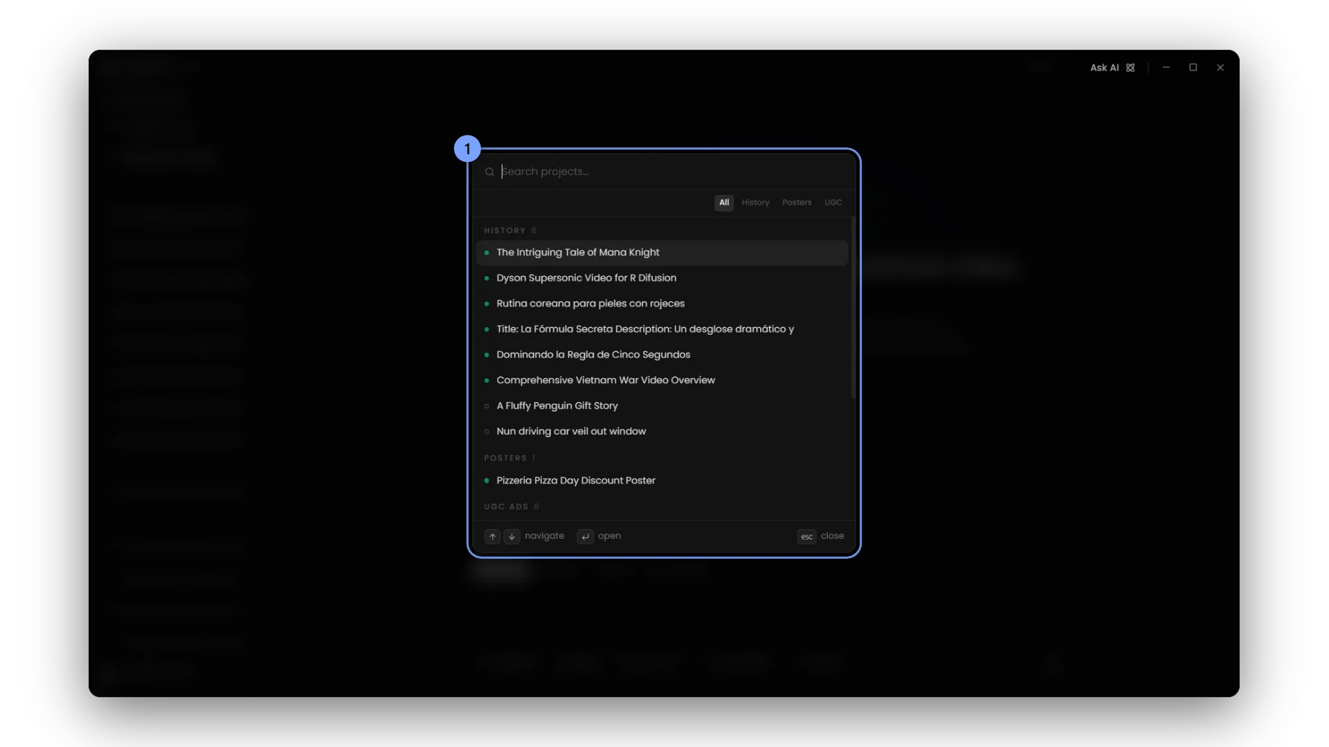 The search dialog with the All, History, Posters and UGC filters.