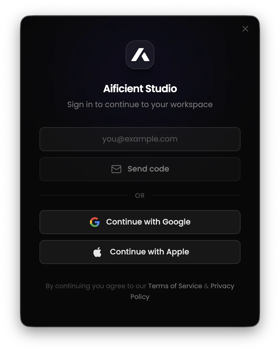 sign-in window with Google, Apple, and email code options