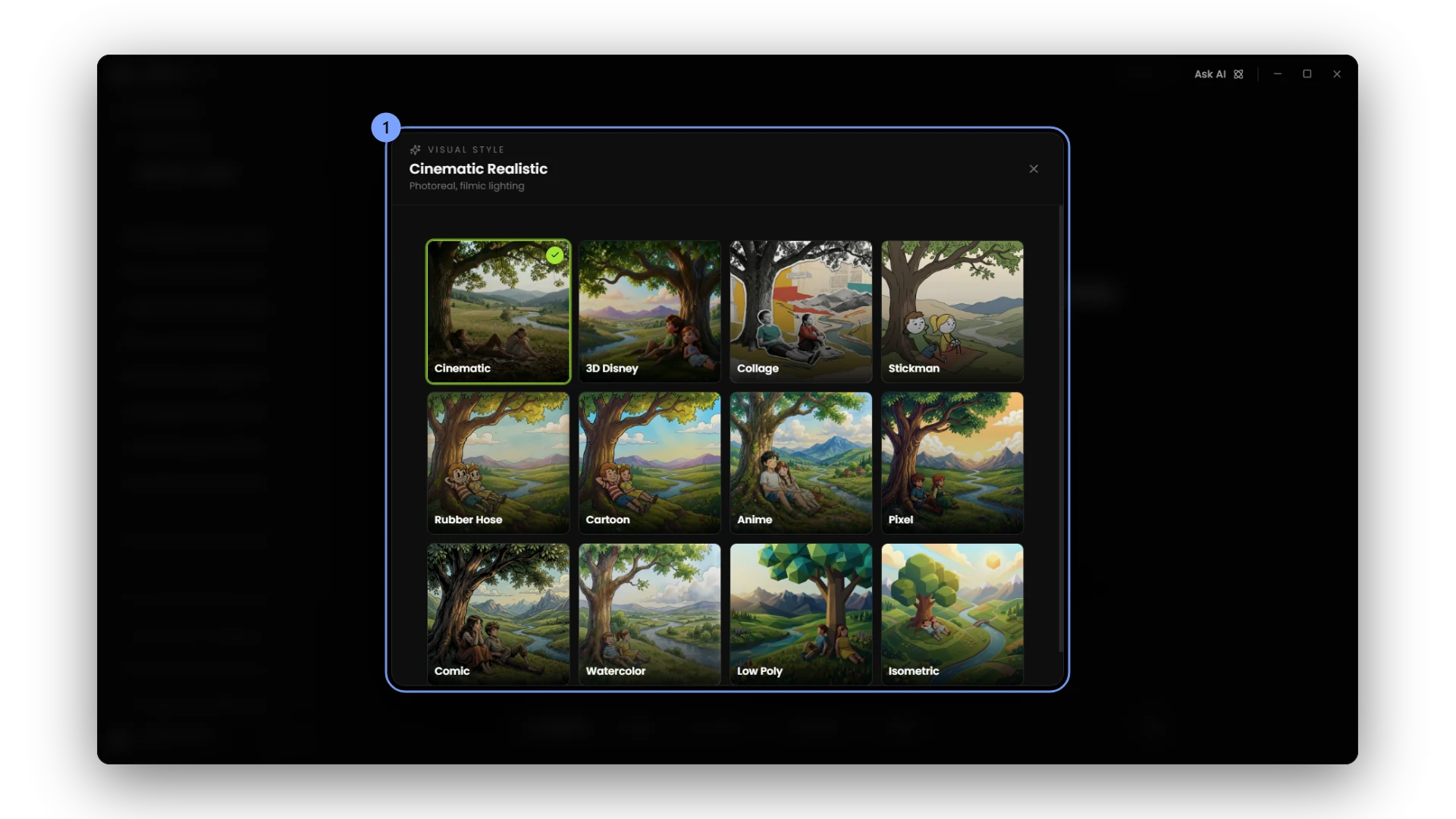 The twelve visual styles, each with its tagline.