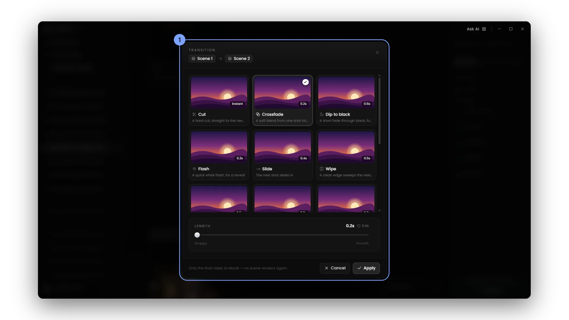Fourteen transitions with hover previews, length, and direction.