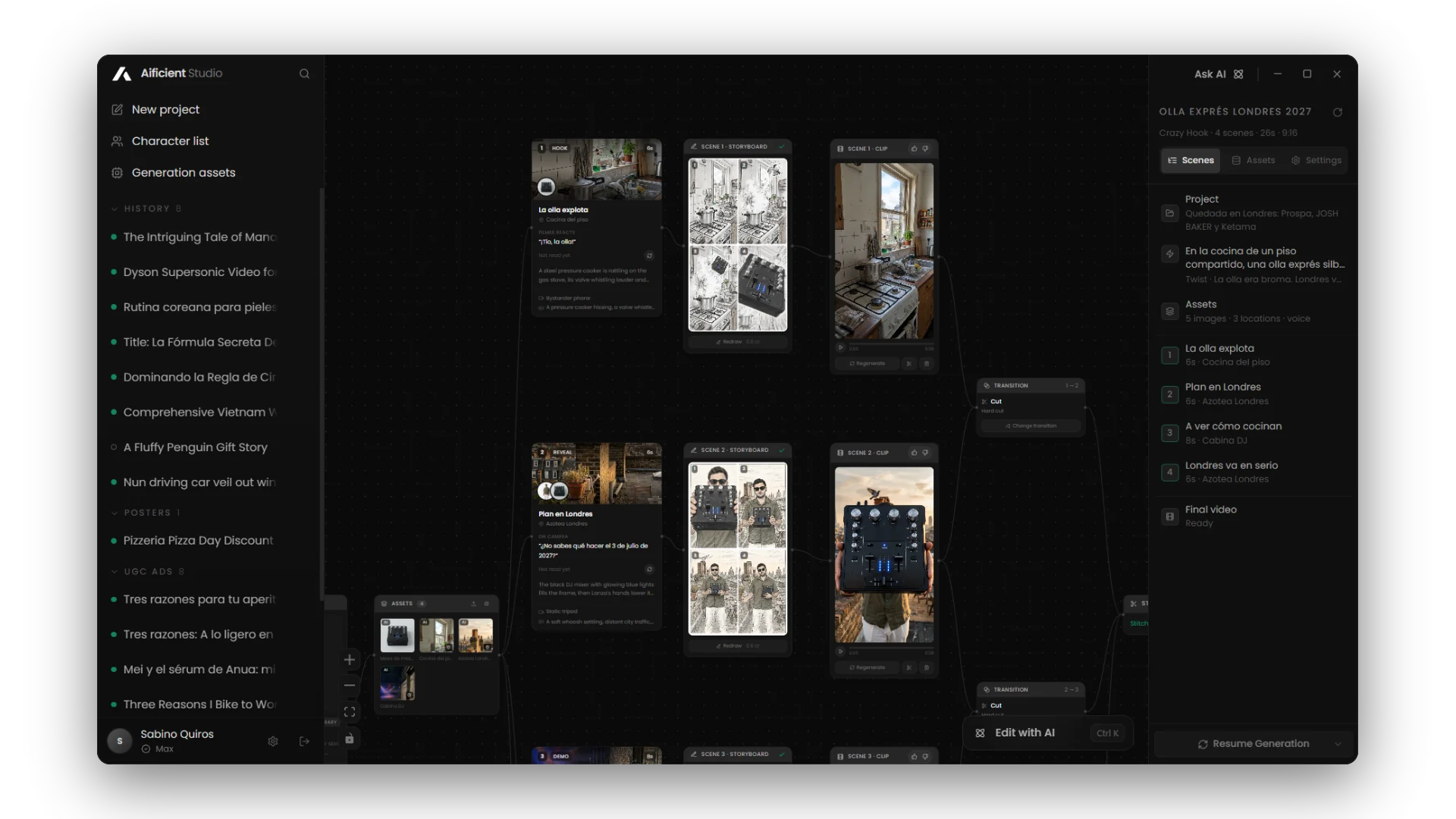 Creators and the voice, the assets card, scene cards, storyboards, clips, and the final cut.