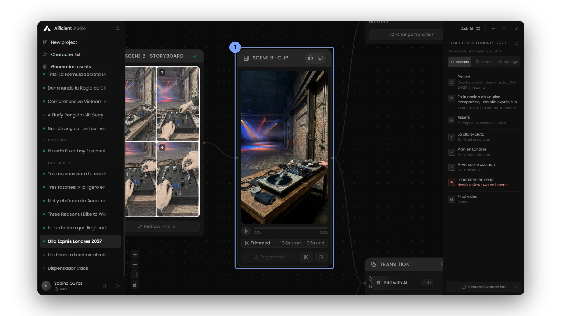 A UGC clip node on the canvas showing the Trimmed chip with the seconds cut from its start and end.