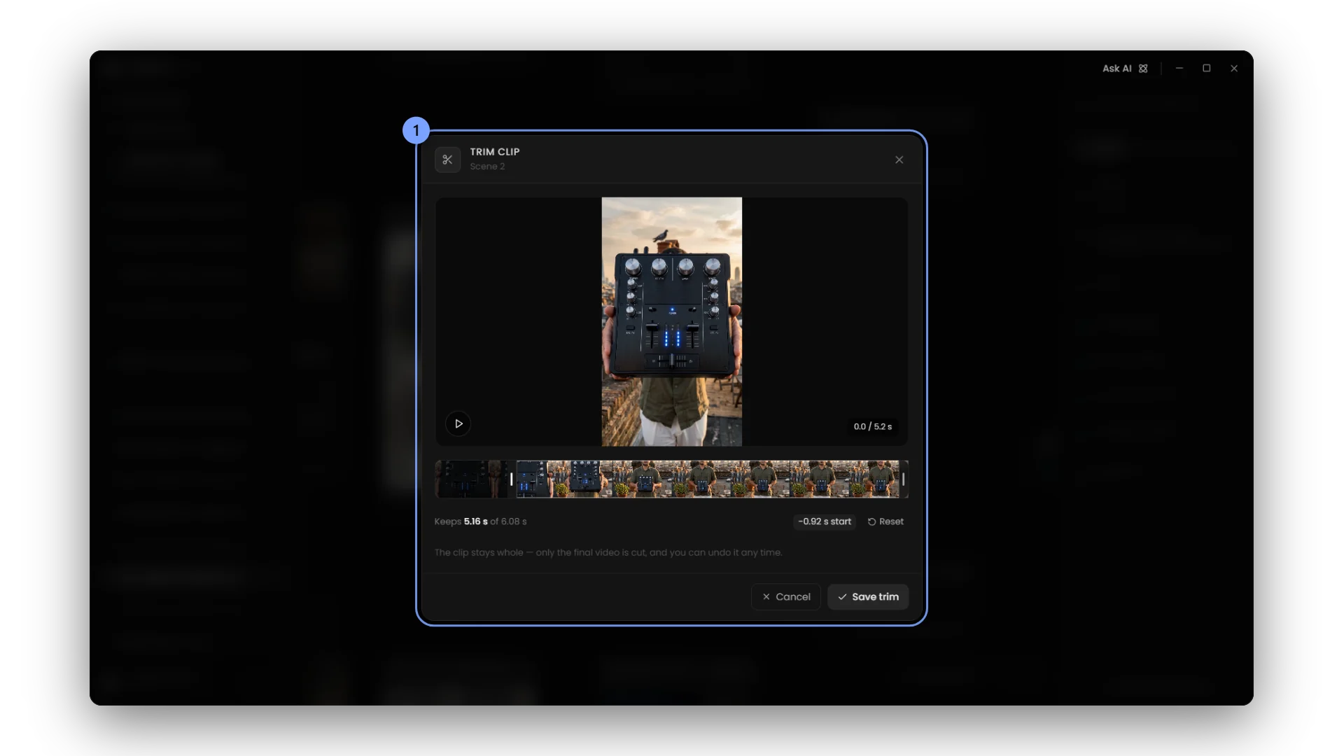 The Trim clip modal: a frame strip to set the start and end, with the kept length; only the final video is cut.