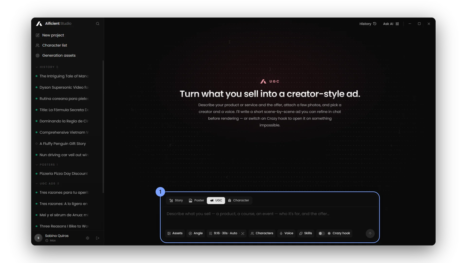 Assets, angle, the settings pill, creators, voice, skills, and the Crazy hook switch.