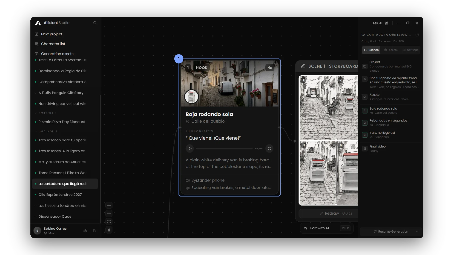 A scene card playing its read line, and the voice on the lead's card.