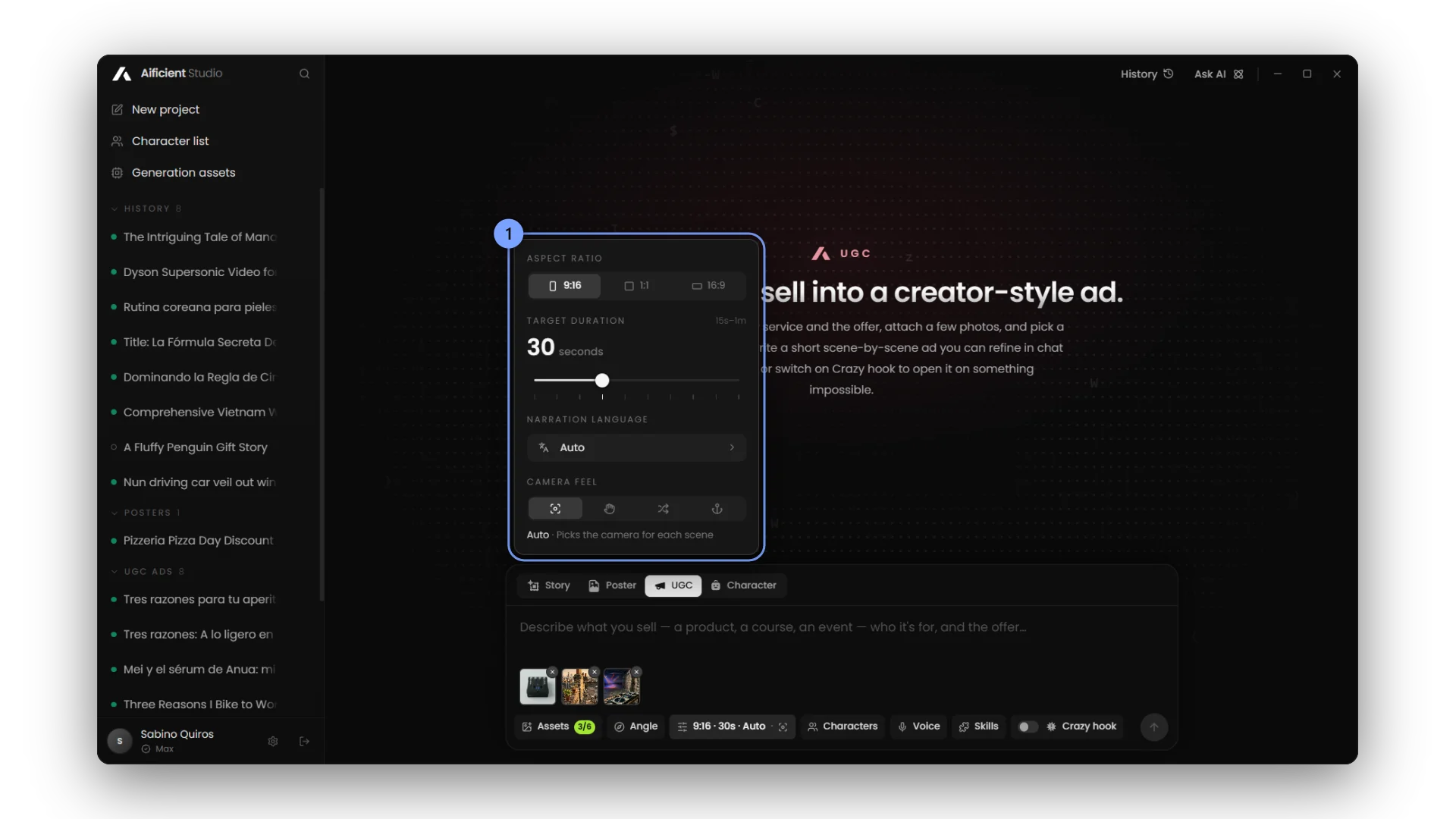 The UGC settings pill open over the composer: aspect ratio, target duration, narration language and camera feel.