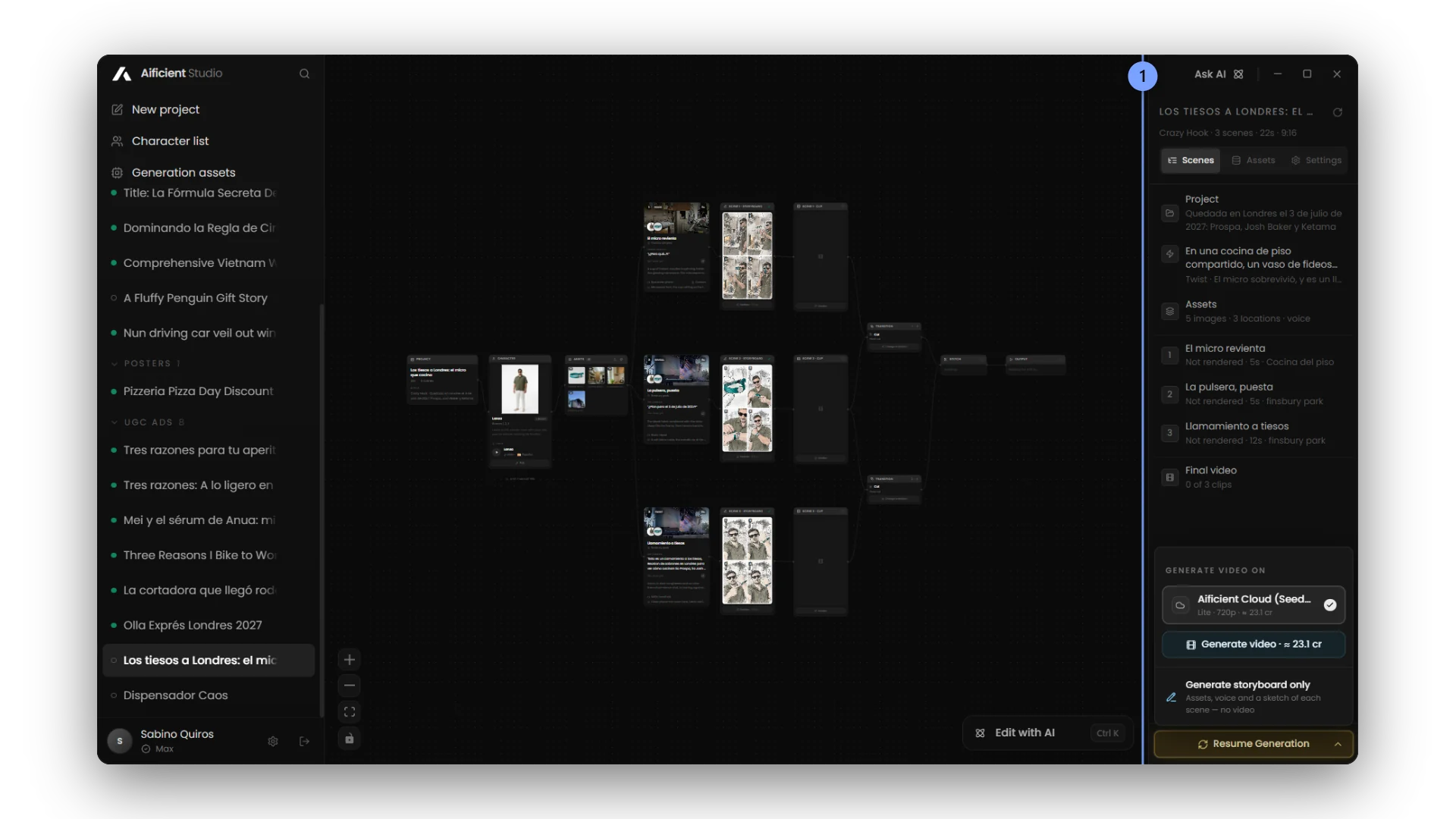 The Scenes outline and the generate menu.