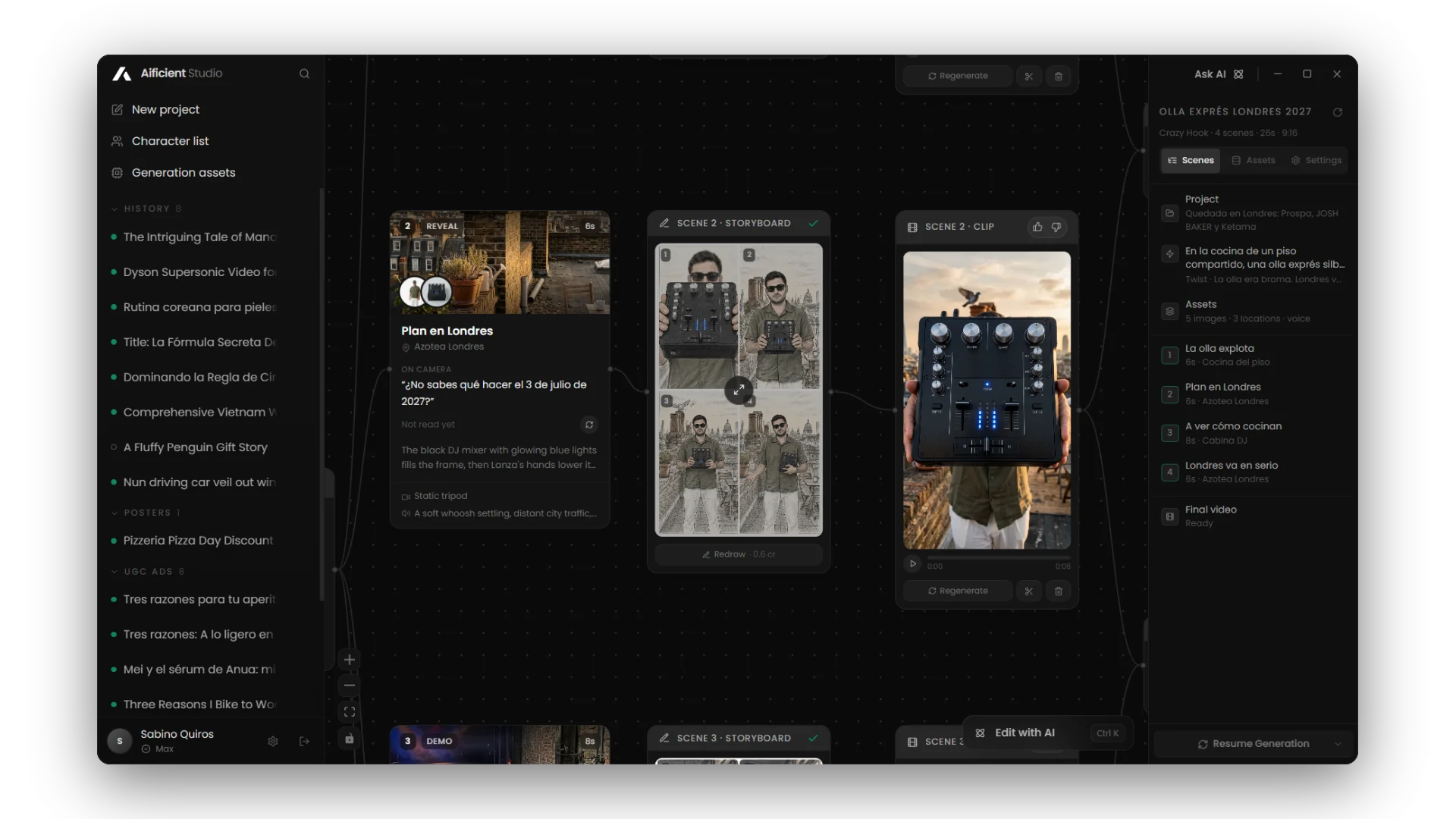 One row of the board: the scene card, its four-panel storyboard, and its clip.