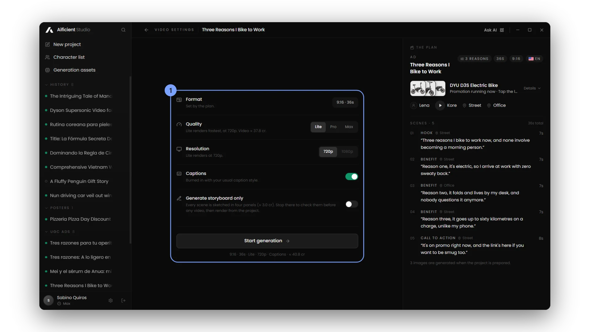 Lite, Pro or Max, the resolution, captions, and storyboards only.