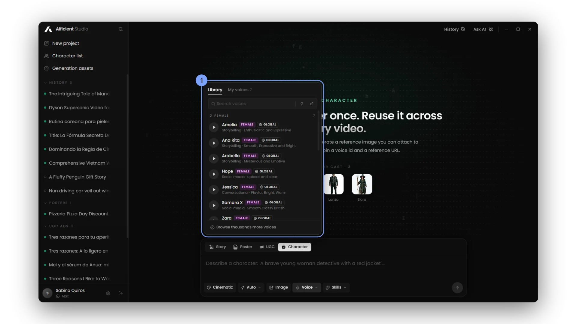 Library and My voices, with search, gender filters and previews.